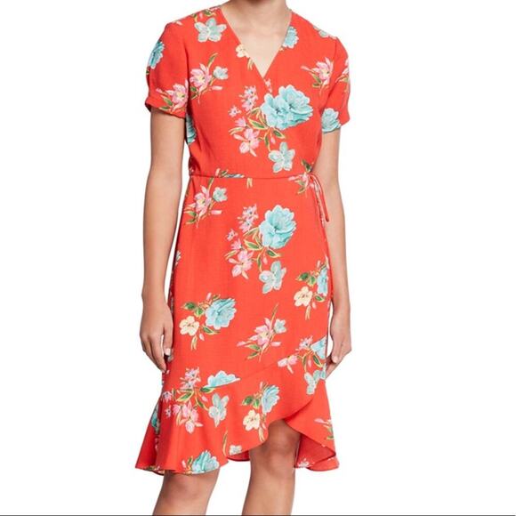 NEW Neiman Marcus 14 Faux Wrap Coral Floral Dress Summer - Picture 1 of 7
